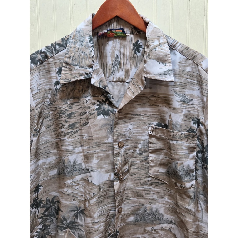 Roundy Bay‎ Shirt Mens Large Beige Hawaiian Short Sleeve Button Up Tropical Palm